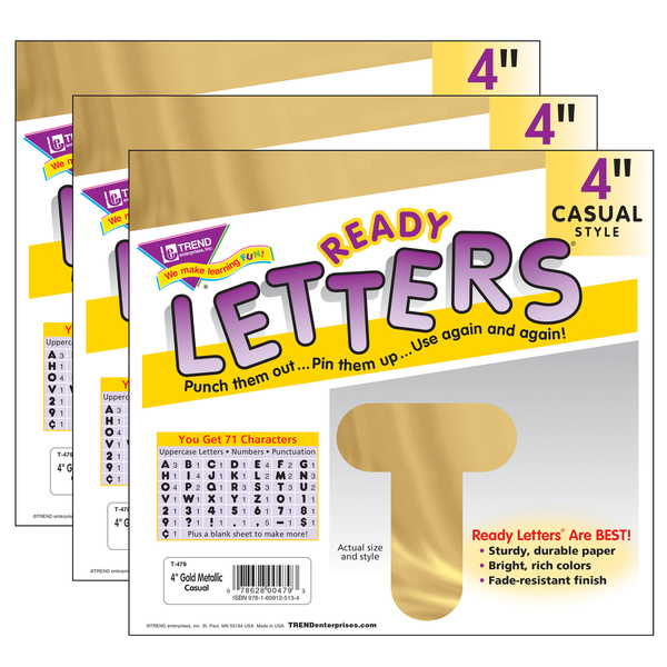 Trend Enterprises Gold Metallic 4" Casual Uppercase Ready Letters®, 71 Per Pack, PK3 T479